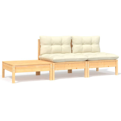 alt="3 Piece Garden Lounge Set with Cream Cushions Solid Pinewood"