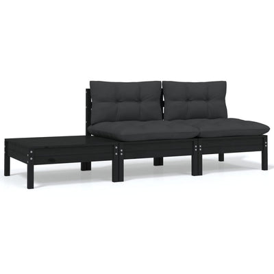 alt="3 Piece Garden Lounge Set with Cushions Black Solid Pinewood"