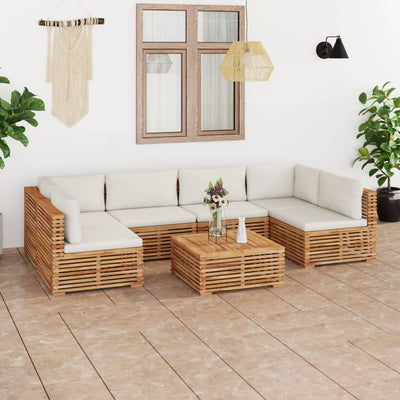 alt="7 Piece Garden Lounge Set with Cream Cushion Solid Teak Wood"