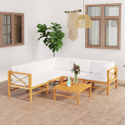 alt="6 Piece Garden Lounge Set with Cream Cushions Solid Teak Wood""