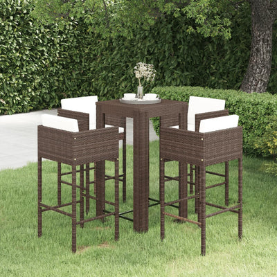 alt="5 Piece Garden Bar Set with Cushions Poly Rattan Brown""