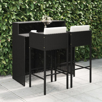 alt="3 Piece Garden Bar Set with Cushions Poly Rattan Black"